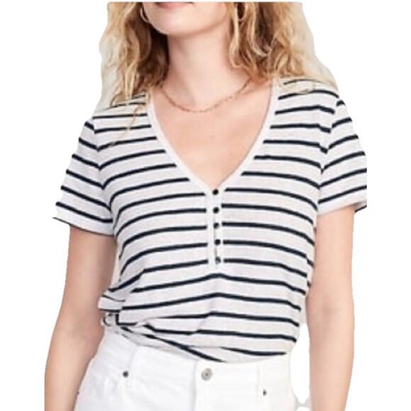 Old Navy Linen Blend Henley Shirt Women's Striped V-Neck Short Sleeve White 3X - Picture 1 of 12
